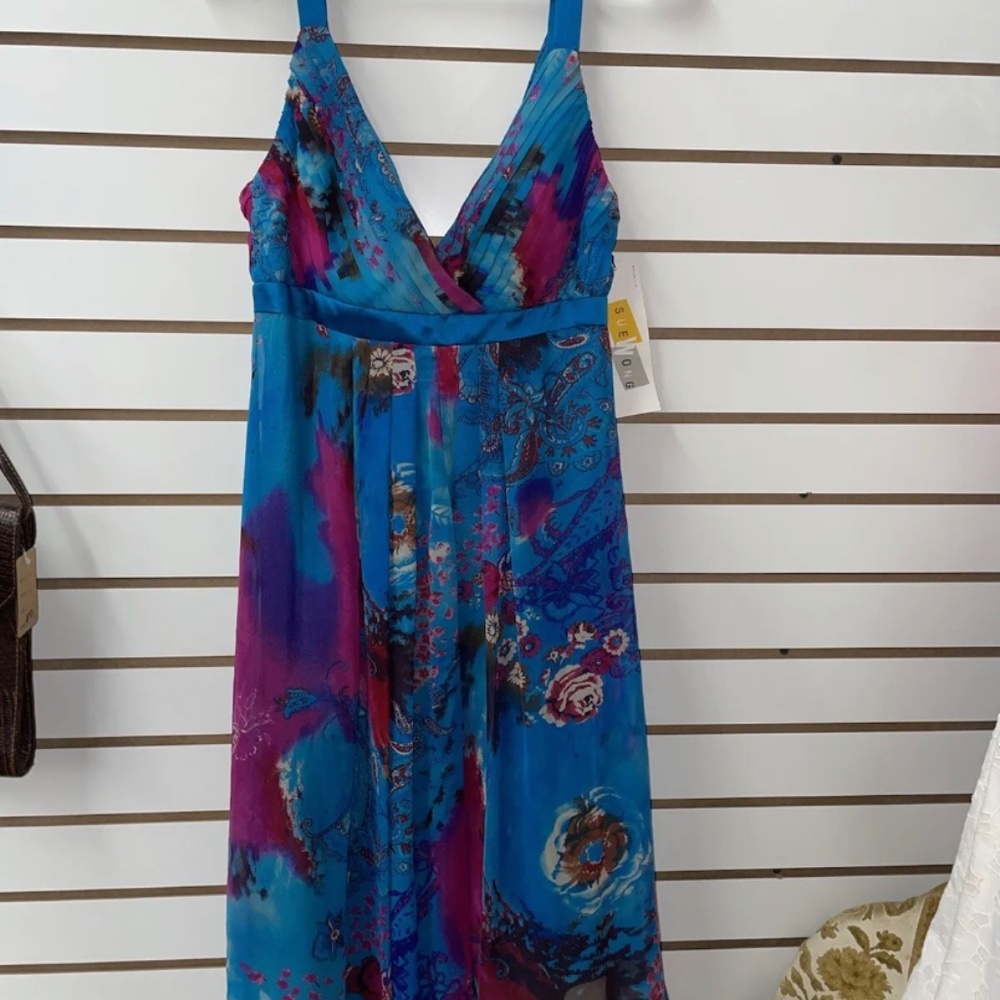 NWT Sue Wong Women Silk Turquoise Floral Pattern Fancy Cocktail Dress Size 6